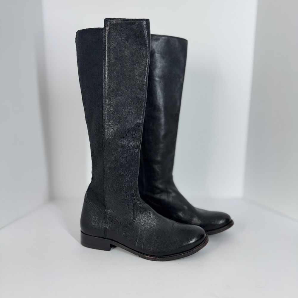 Frye Black Leather Tall Riding Boots Stretch Back Panel Size 6.5B Equestrian